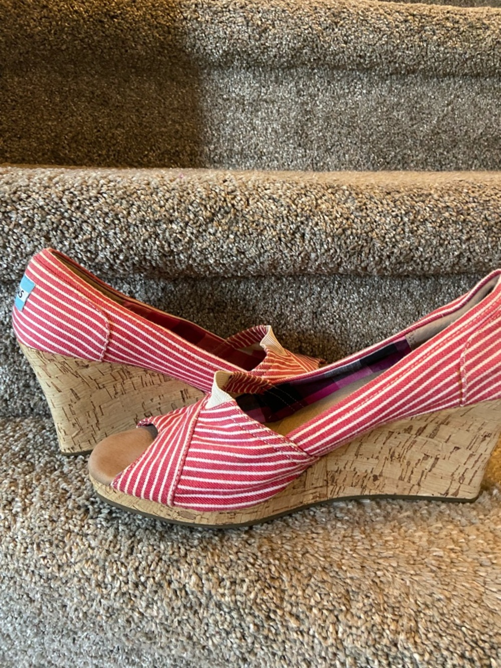 TOMS Red and White Striped Cork Wedge Peep-Toe Slip-Ons slightly worn,